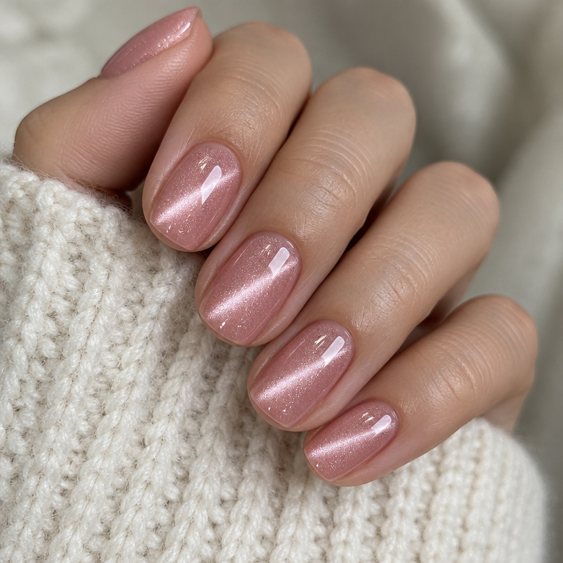 Glossy pearl-pink cat-eye gel nails created with the Eynoria pen