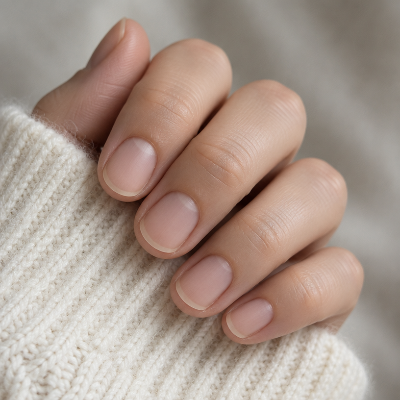 Bare, unpolished natural nails on a cream knit sweater